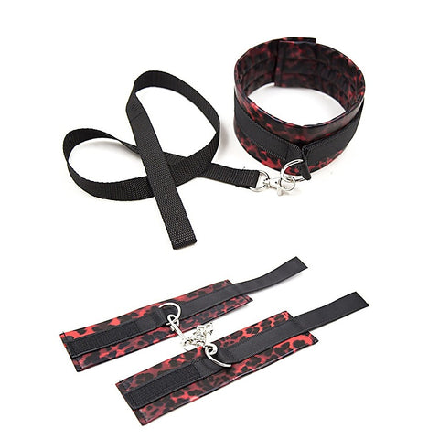Red Leopard Cuffs and Collar with Leash by BDStyle