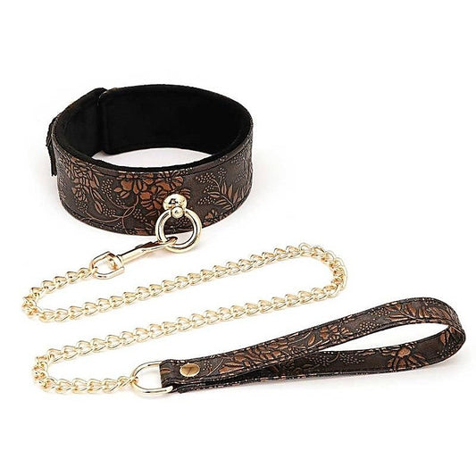 Brown Floral Print PU Collar and Leash by Spartacus