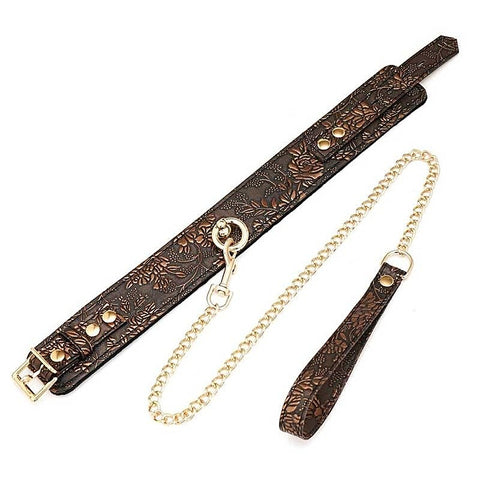 Brown Floral Print PU Collar and Leash by Spartacus