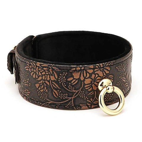 Brown Floral Print PU Collar and Leash by Spartacus