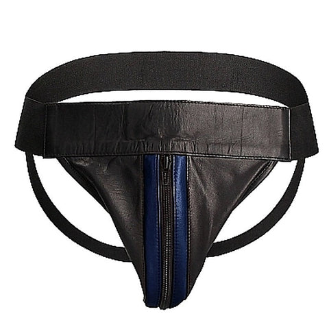 Uomo Striped Front With Zip Leather Jock Black/Blue