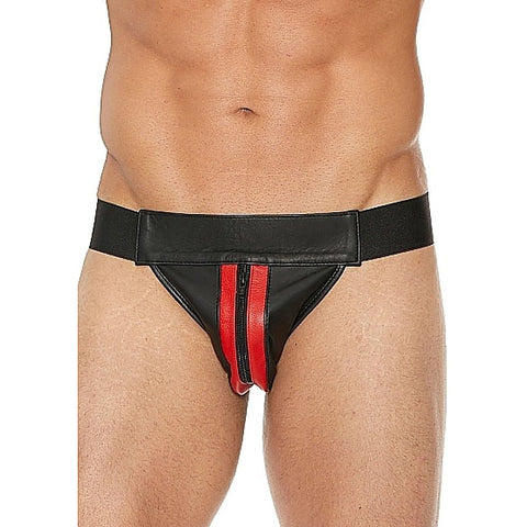 Uomo Striped Front With Zip Leather Jock Black/Red