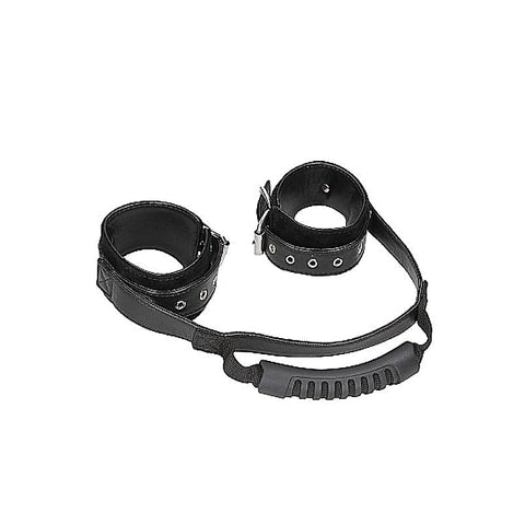Ouch Black and White Bonded Leather Wrist Cuffs with Handle