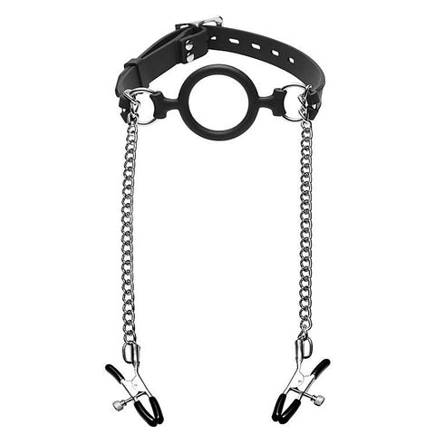 Mutiny Silicone O-Ring Gag With Nipple Clamps by XR Brands