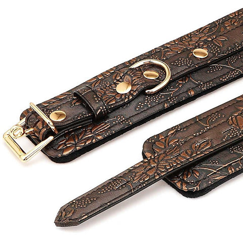 Brown Floral Print PU Wrist Cuffs by Spartacus