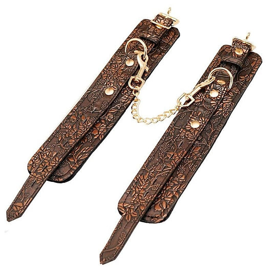 Brown Floral Print PU Ankle Cuffs by Spartacus