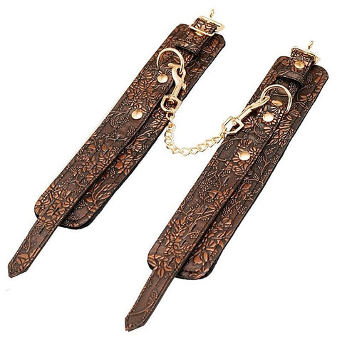 Brown Floral Print PU Ankle Cuffs by Spartacus
