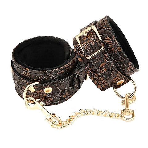 Brown Floral Print PU Ankle Cuffs by Spartacus