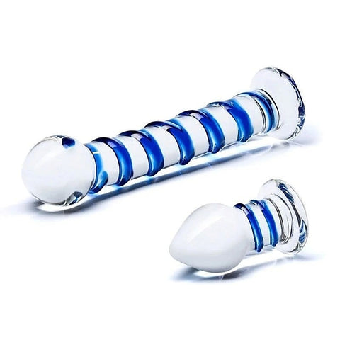 Double Penetration Glass Swirley Dildo and Butt Plug Set