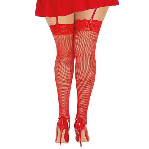 Fishnet Thigh High Stockings With Lace Top Red