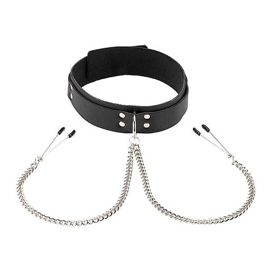 Leather Double Strap O-Ring Collar with Tweezer Clamps