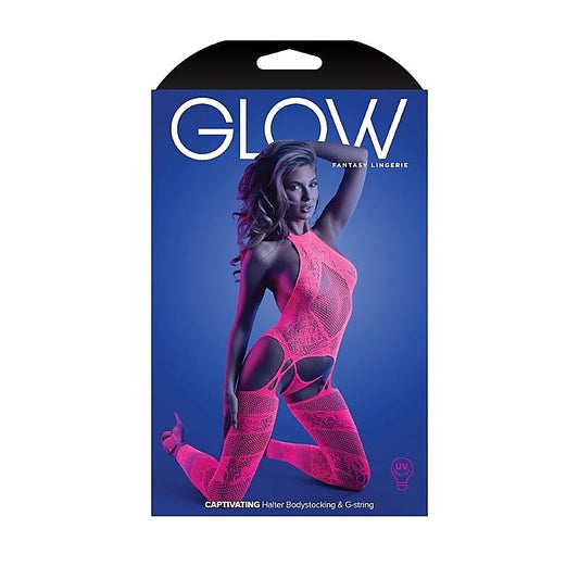 Glow Neon Pink Halter Bodystocking by Fantasy Lingerie