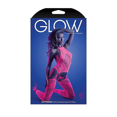 Glow Neon Pink Halter Bodystocking by Fantasy Lingerie