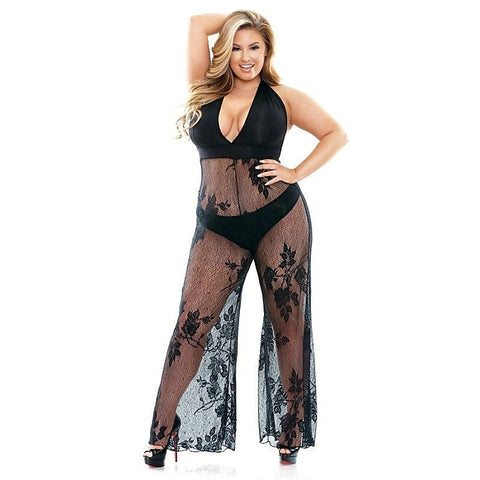 Curve Nicki Stretch Lace Halter Jumpsuit by Fantasy Lingerie