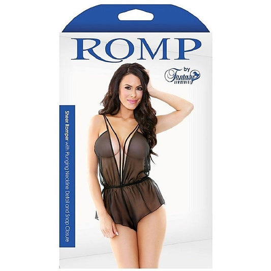 Sheer Romper with Plunging Neckline Detail and Snap Closure