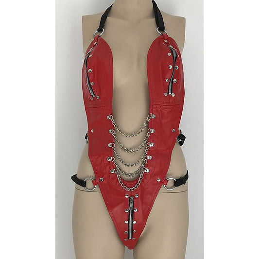 Ladies BDSM One Piece Red Leather Outfit by Hell's Couture