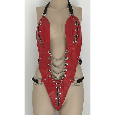 Ladies BDSM One Piece Red Leather Outfit by Hell's Couture