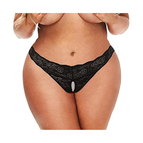 Secret Kisses Lace & Pearls Crotchless Thong Black