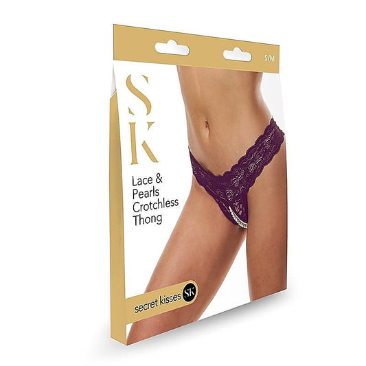 Secret Kisses Lace & Pearls Crotchless Thong Purple