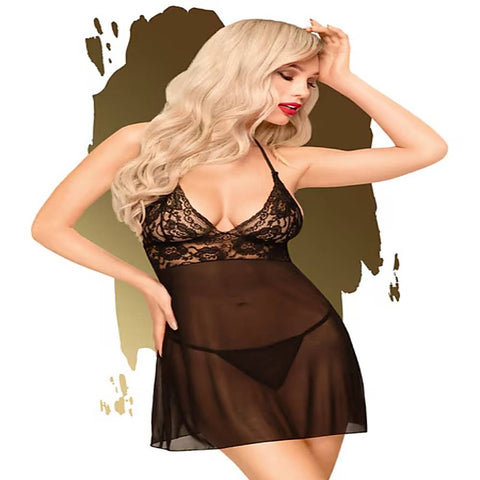 Bedtime Story Mini Dress With Thong 2 Pieces Black