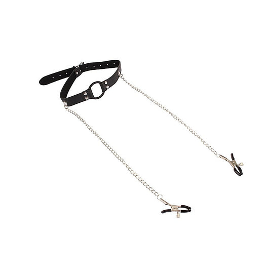 Breathable O-ring Gag with Nipple Clamps by Chisa