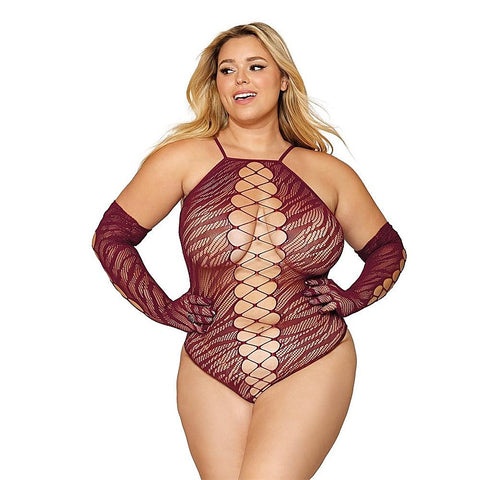 Seamless Zebra Fishnet Teddy and Glove Set