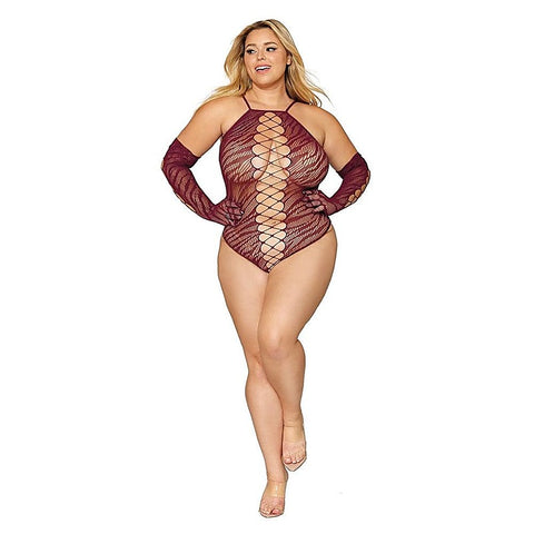 Seamless Zebra Fishnet Teddy and Glove Set