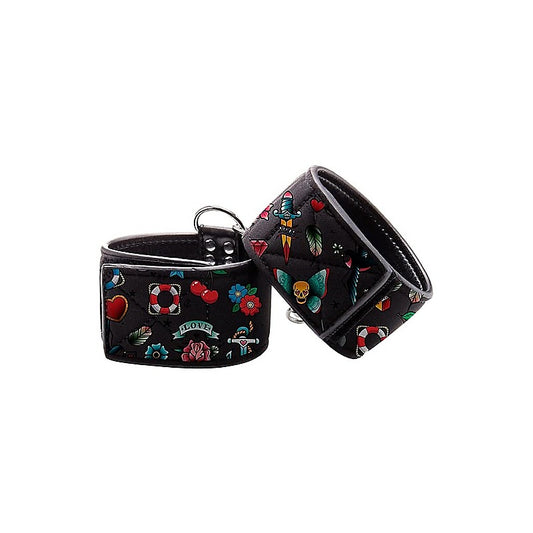 Old School Tattoo Style Printed Hand Cuffs by Shots Toys