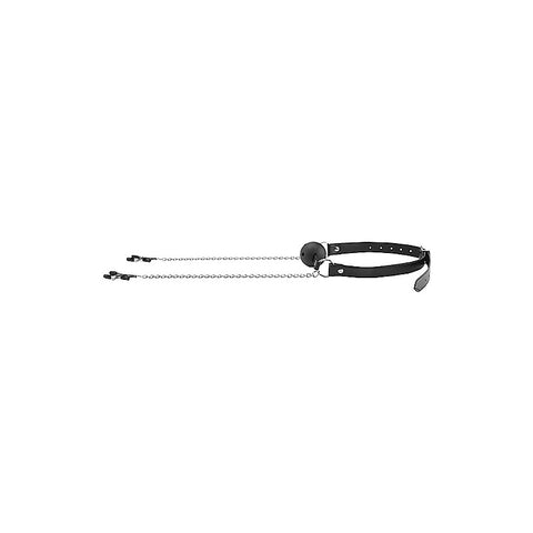 Breathable Bondage Ball Gag With Nipple Clamps by Shots Toys