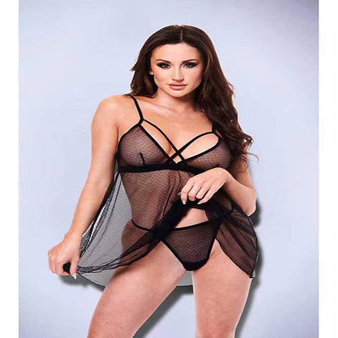 2 Piece Strappy Lace & Mesh Babydoll & G-String Set