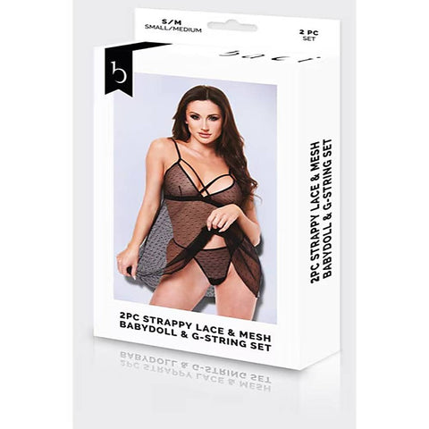 2 Piece Strappy Lace & Mesh Babydoll & G-String Set