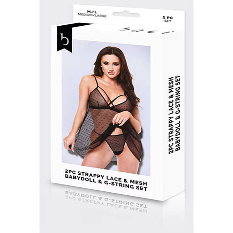 2 Piece Strappy Lace & Mesh Babydoll & G-String Set