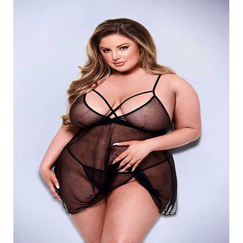 2 Piece Strappy Lace & Mesh Babydoll & G-String Set