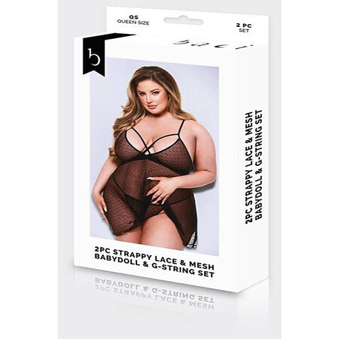 2 Piece Strappy Lace & Mesh Babydoll & G-String Set