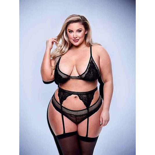 3 Piece Lace & Mesh Bra Garter & Panty Set by Baci Lingerie