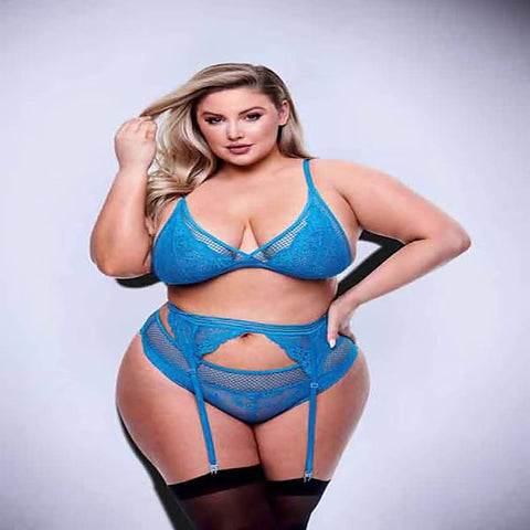 Baci 3 Piece Lace & Mesh Bra Garter & Panty Set Blue