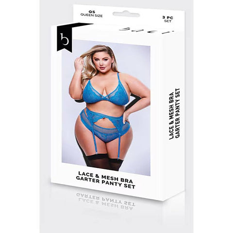 Baci 3 Piece Lace & Mesh Bra Garter & Panty Set Blue