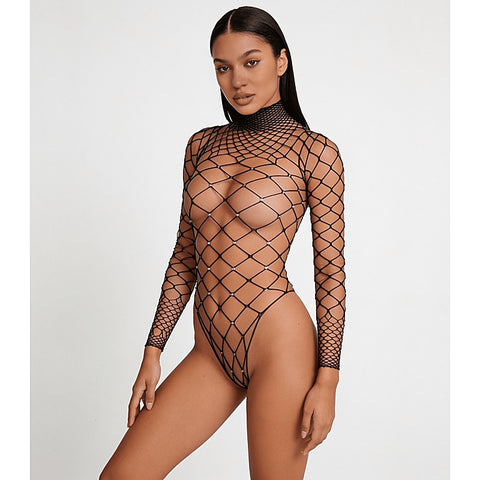 Wide Net Rhinestone Long Sleeve Bodysuit by Love In Leather