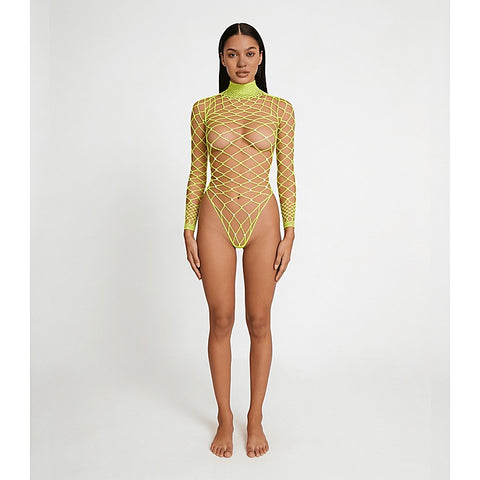 Wide Net Rhinestone Long Sleeve Bodysuit by Love In Leather