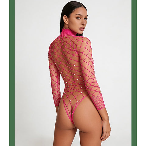 Wide Net Rhinestone Long Sleeve Bodysuit by Love In Leather