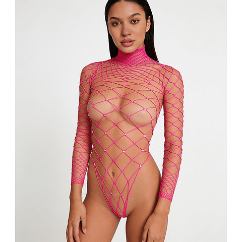 Wide Net Rhinestone Long Sleeve Bodysuit by Love In Leather