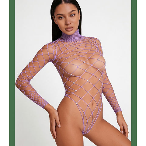 Wide Net Rhinestone Long Sleeve Bodysuit by Love In Leather
