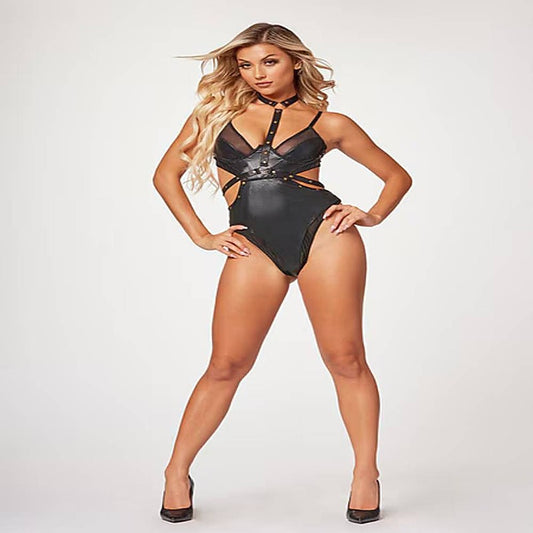 Seven Til Midnight Midnight Love Vegan Leather Two Piece Teddy Set Black