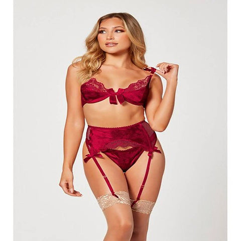 3 Piece Jacquard Bra Garter Belt And Panty Set