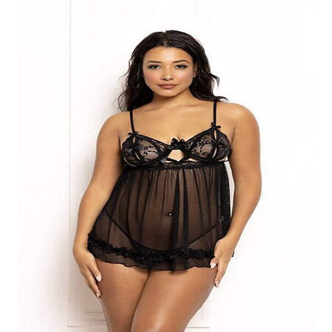 Two Piece Ditsy Floral and Mesh Babydoll Set