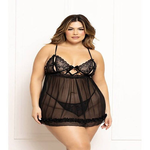 Two Piece Ditsy Floral and Mesh Babydoll Set