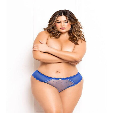 Seven Til Midnight Dot And Micro Mesh Open Crotch Panty With Lace Trim Blue