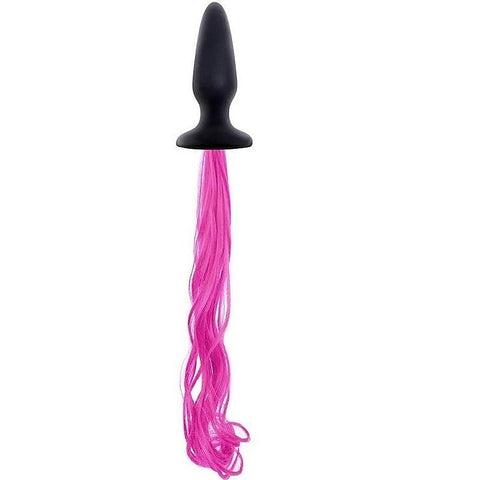 Unicorn Tails Black Butt Plug with Pink Pony Tail