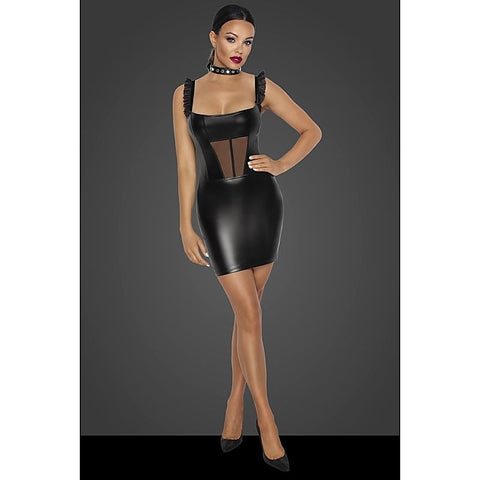 Power Wetlook Short Dress With Front Tulle Inserts Black