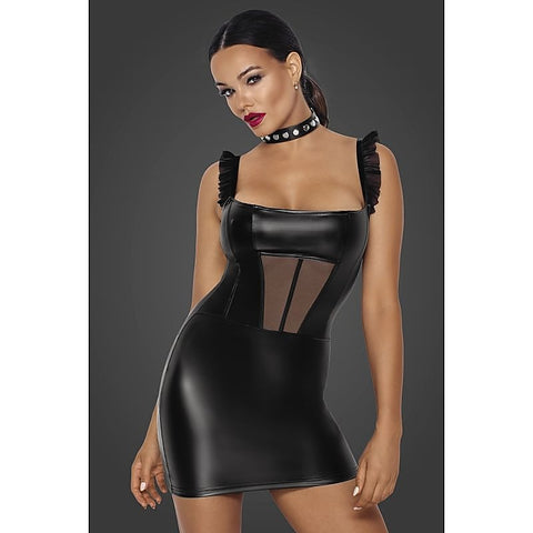 Power Wetlook Short Dress With Front Tulle Inserts Black